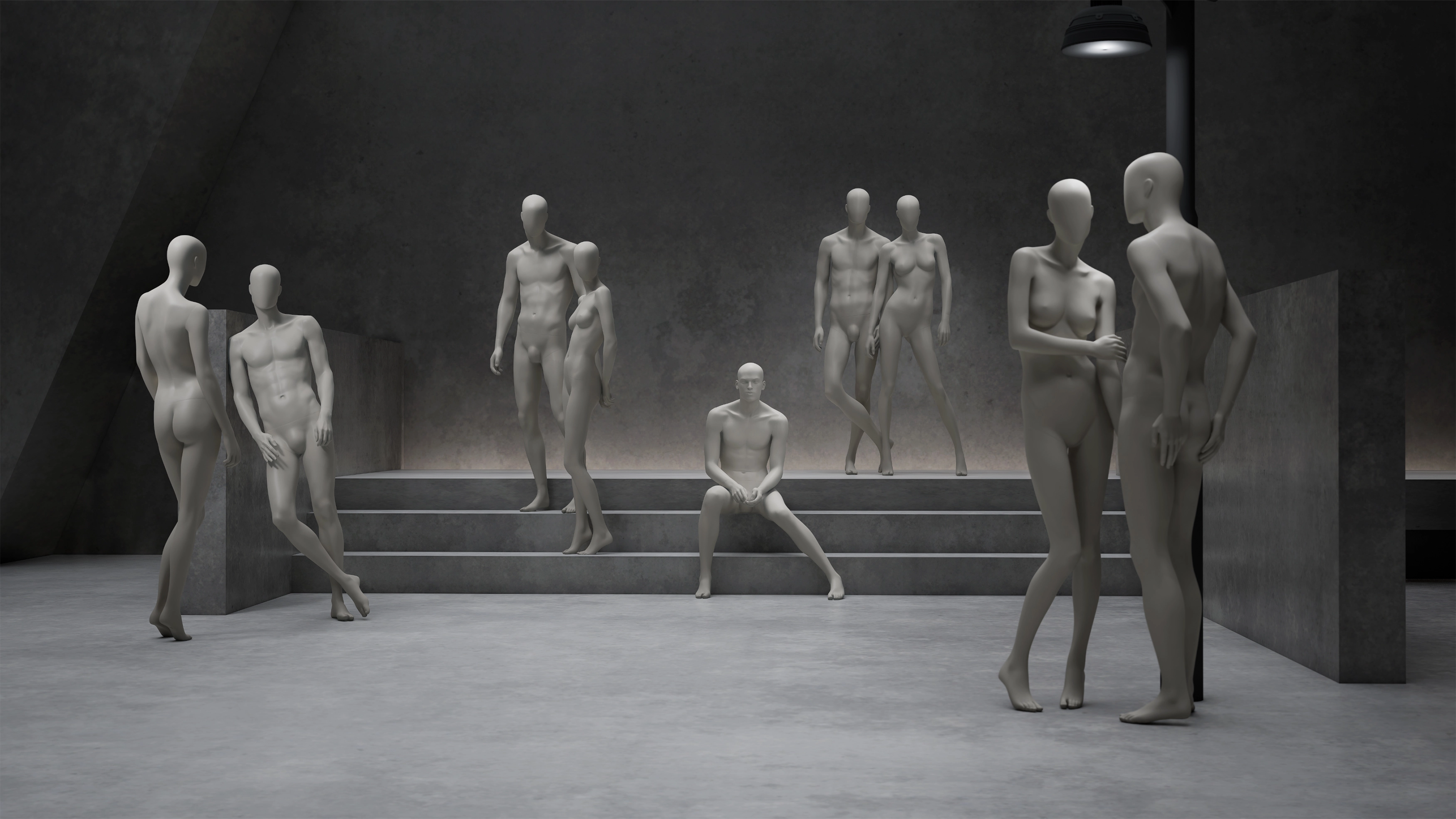 a group of male and female mannequins from the casual collection sitting and standing around on a concrete stair