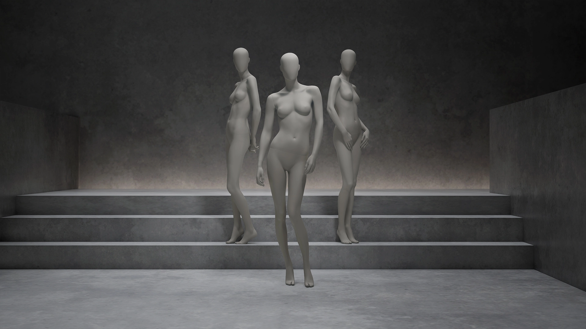 three female mannequins from the casual collection standing on the steps of a concrete stair