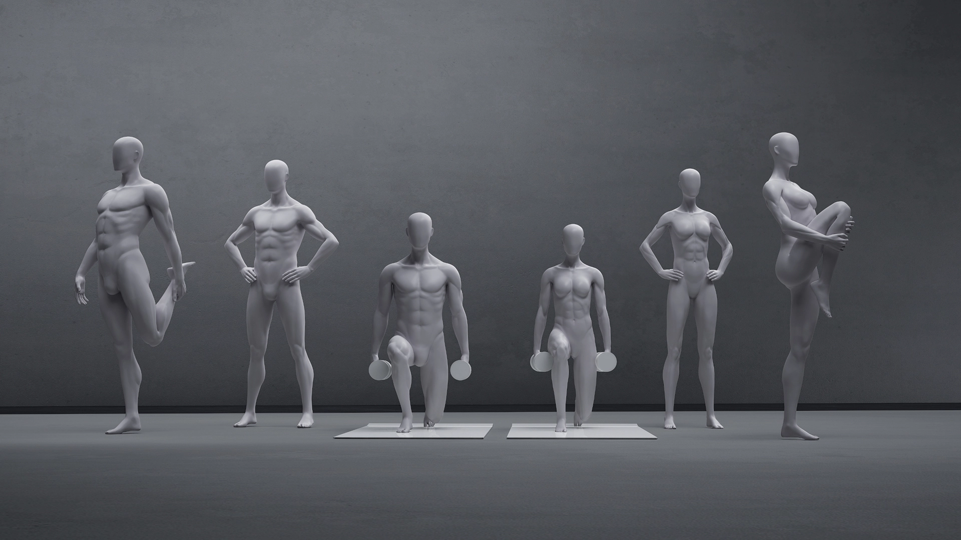 a group of male and female sport mannequins in fitness poses