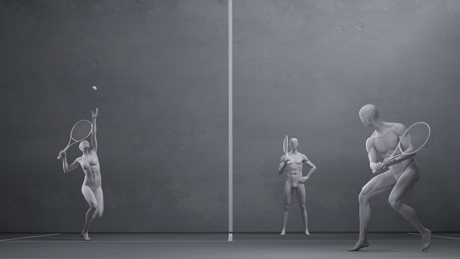 a group of female and male mannequins playing tennis