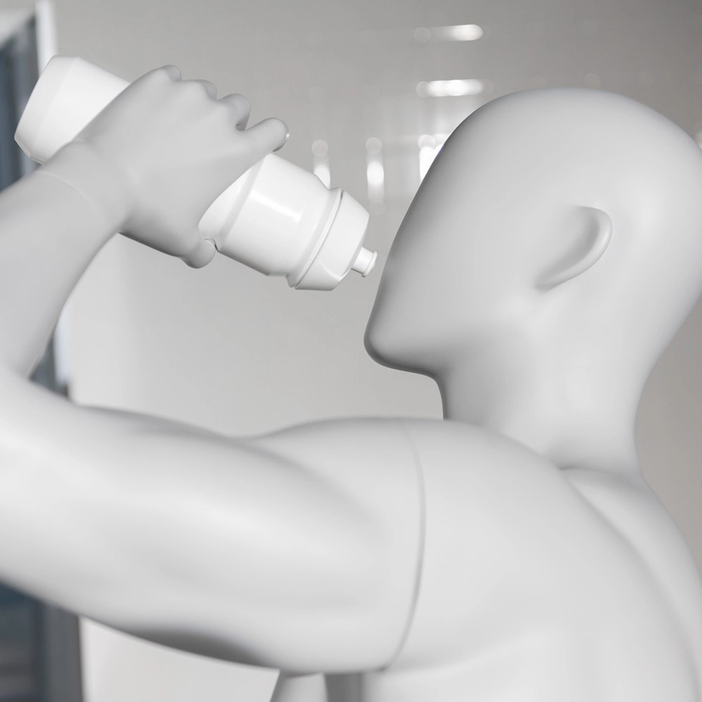 a closeup of a male sport mannequin drinking from a sport bottle