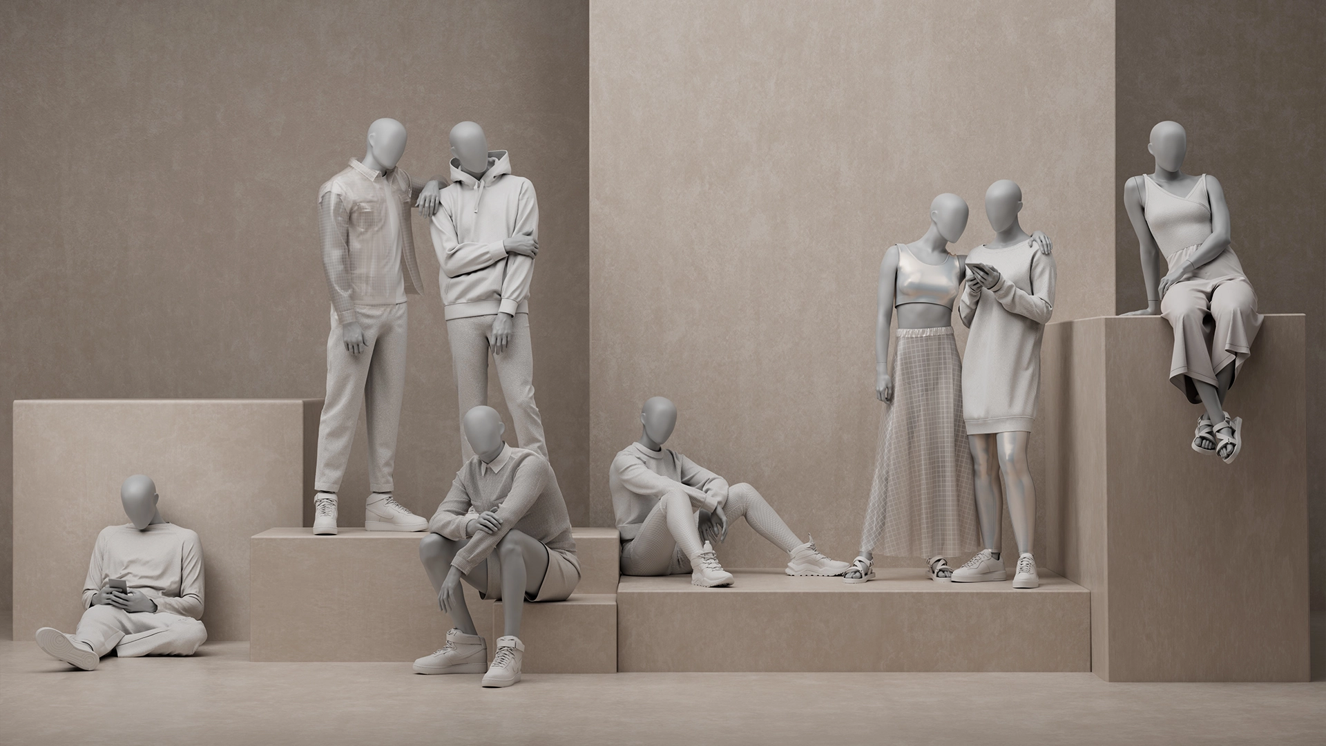 abstract dressed group of female and male mannequins from the untitled collection