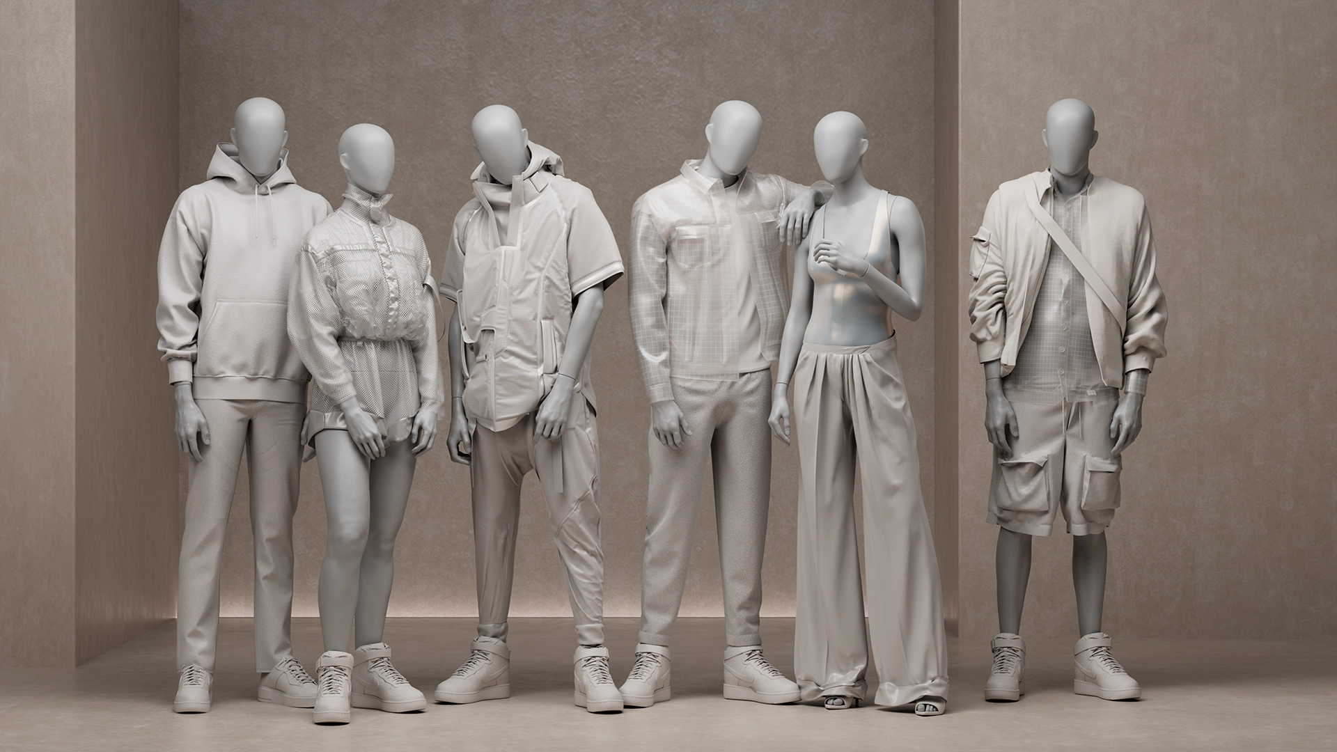 abstract dressed group of female and male mannequins from the untitled collection