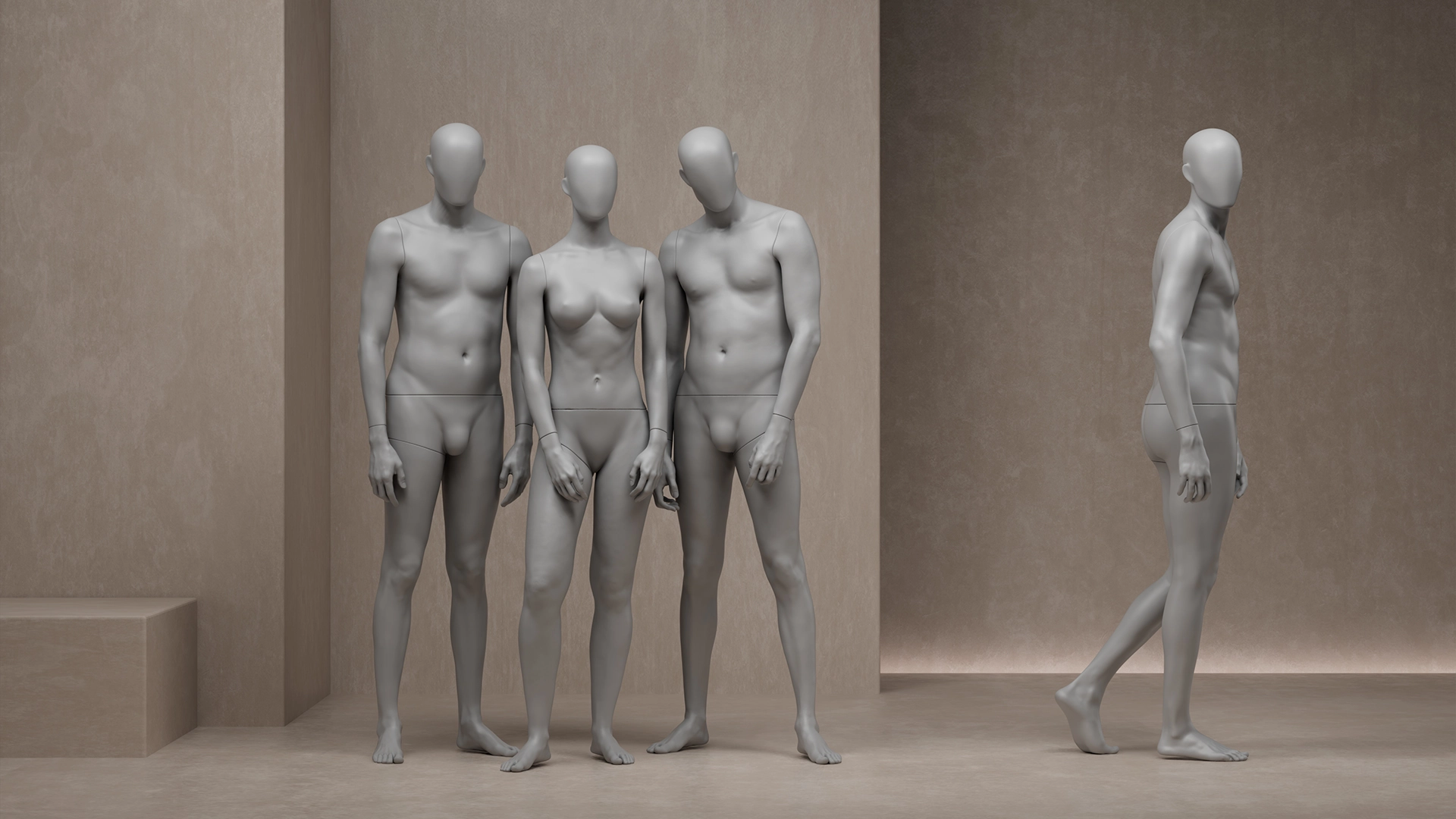 abstract undressed group of female and male mannequins from the untitled collection