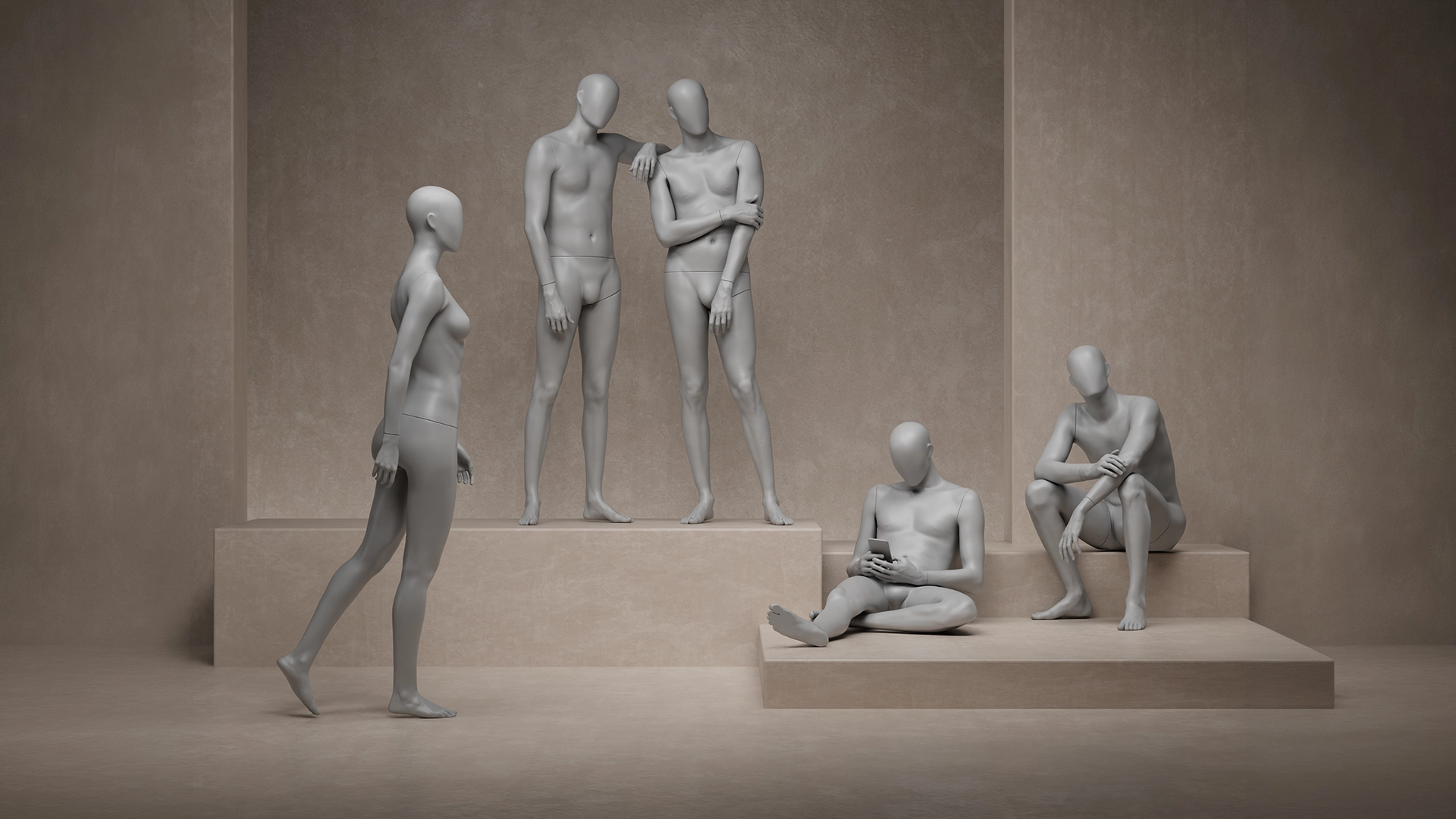 abstract undressed group of female and male mannequins from the untitled collection